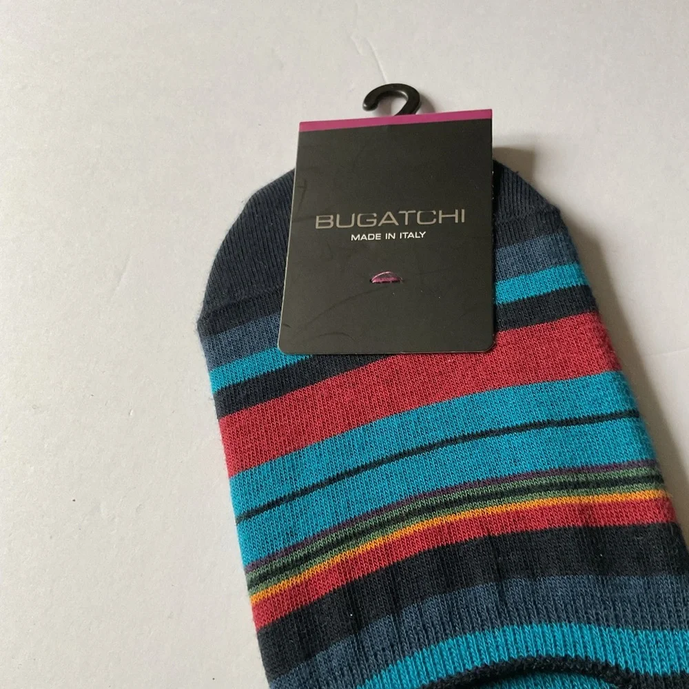 BUGATCHI MENS COTTON LINER SOCKS  BLUE MULTI-COLOR STRIPE OS NWT